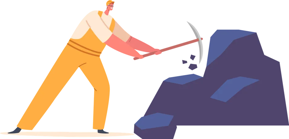 Minero con pico excavando suelo  Ilustración