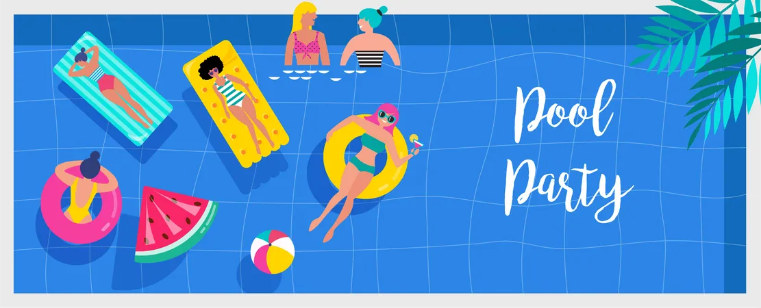 Pool Party Invitation Background And Banner With Miniature People Swimming And Having Fun On The Pool Vector Illustration Template Illustration