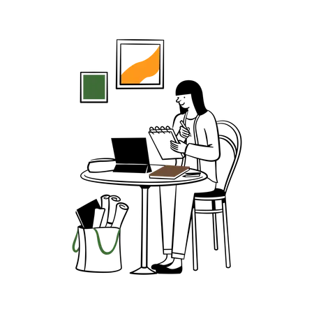 コーヒーと花のあるミニマルなワークスペース  イラスト