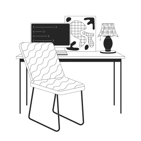 Minimalist Home Office With Pc 2 D Linear Cartoon Objects Computer On Table In Interior Design Isolated Vector Outline Items Workplace Organization Monochromatic Flat Spot Illustration Illustration