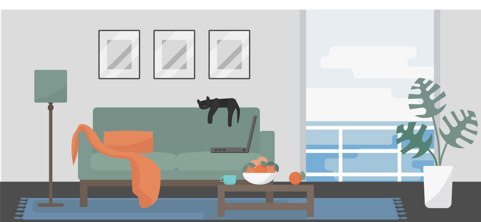 Minimalistic room interior with sea view  Illustration