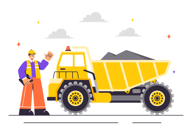 Mining worker with Heavy Yellow Dumper Trucks for Industrial Sand Mining Process  Illustration