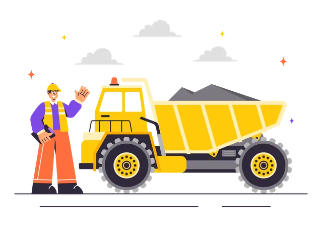 Mining worker with Heavy Yellow Dumper Trucks for Industrial Sand Mining Process  Illustration