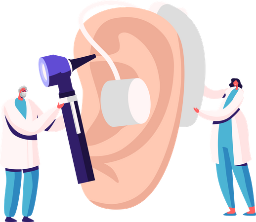 Pequenos médicos do sexo masculino ajustando auxílio surdo na enorme orelha do paciente. Problema de saúde médica com perda auditiva, otorrinolaringologia  Ilustração