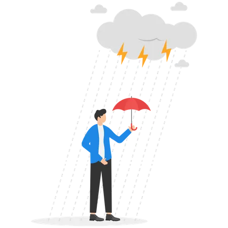 Soaked Misfortune Businessman With Too Small Umbrella Protection In Strong Raining Storm Business Mistakes Causing Failure Problem Risk Management Illustration