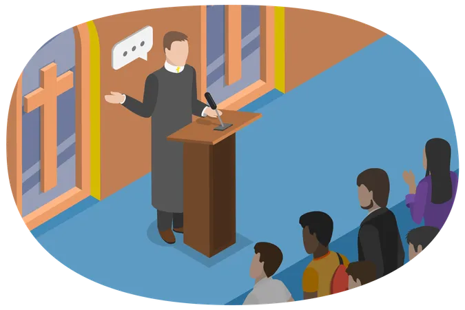 3 D Isometric Flat Vector Conceptual Illustration Of Missionary Church Pastor Conducting A Church Service Illustration