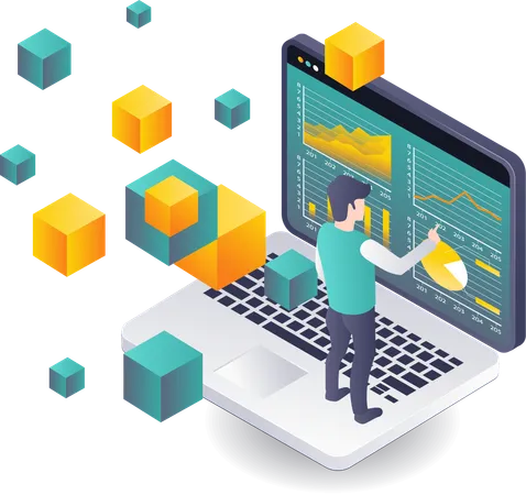 Mitarbeiter analysieren Geschäftsdaten mithilfe der Blockchain-Technologie  Illustration