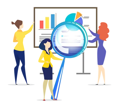 Mitarbeiter, die mit Statistiken, Analysen, der Präsentation von Forschungsergebnissen und der Analyse von Daten arbeiten  Illustration