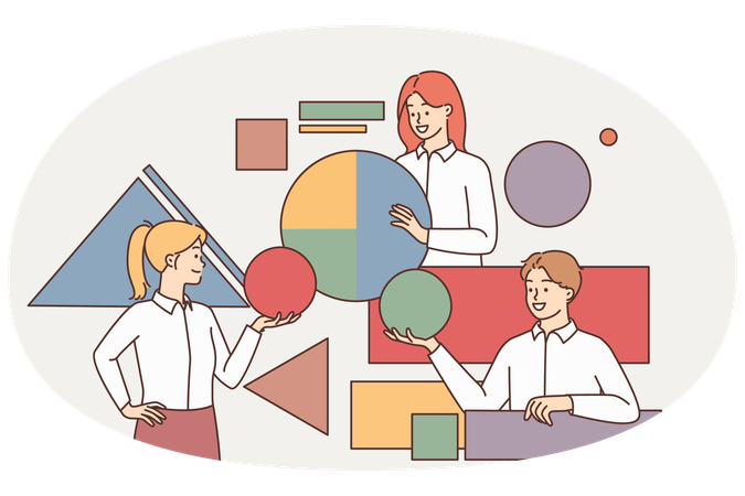 Mitarbeiter arbeiten mithilfe geometrischer Figuren zusammen, die sich im Büro für Teambuilding einsetzen  Illustration