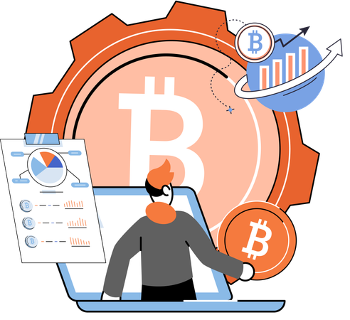 Mitarbeiter arbeitet am Bitcoin-Management  Illustration