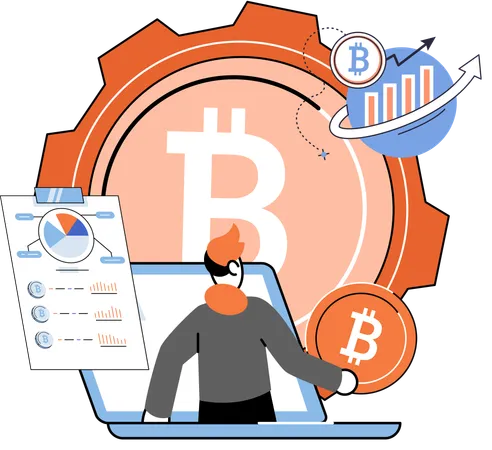 Mitarbeiter arbeitet am Bitcoin-Management  Illustration