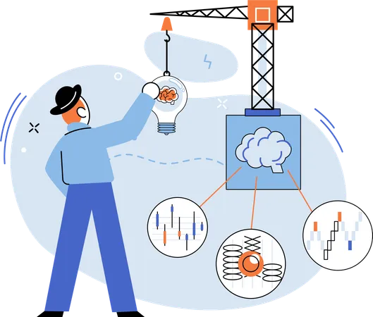 Mitarbeiter arbeitet an logischen Ideen  Illustration