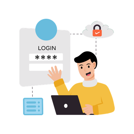 Mitarbeiter arbeitet an Cloud-Server-Login  Illustration