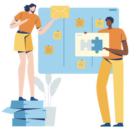 Mitarbeiter, die am Scrum Task Board arbeiten  Illustration