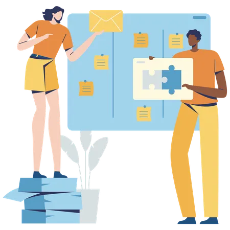 Mitarbeiter, die am Scrum Task Board arbeiten  Illustration