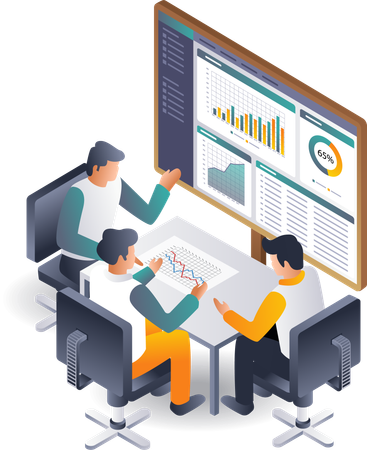 Mitarbeiter diskutieren Datenanalyse für die Geschäftsentwicklung  Illustration