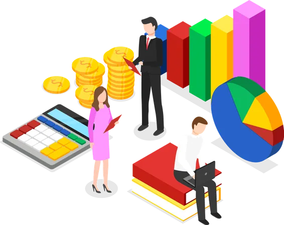 Mitarbeiter diskutieren Finanzanalyse in Besprechung  Illustration