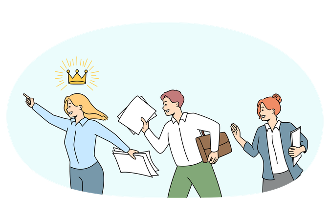 Mitarbeiter, die einer weiblichen Führungskraft folgen, erreichen gemeinsame Geschäftsziele und Erfolge  Illustration