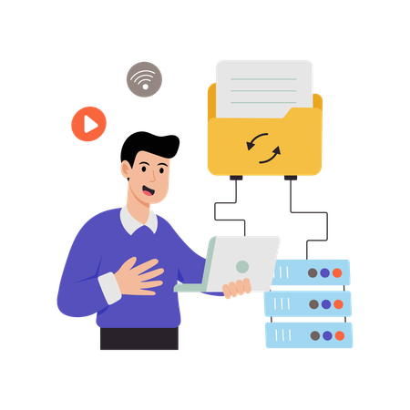 Mitarbeiter führt Cloud-Datensynchronisierung durch  Illustration