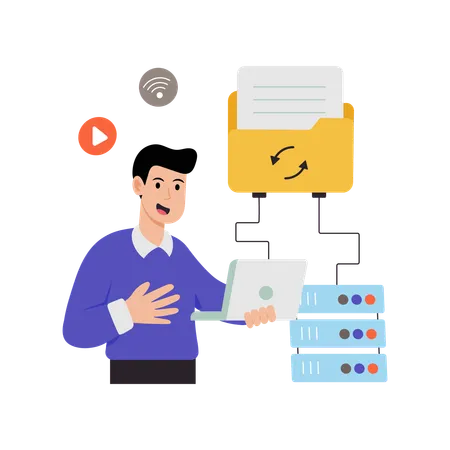 Mitarbeiter führt Cloud-Datensynchronisierung durch  Illustration