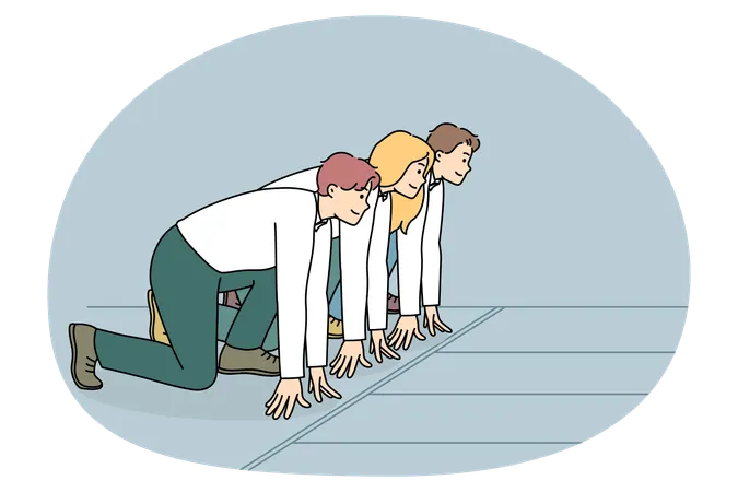 Vielfältige Mitarbeiter, die bereit sind, am Arbeitsplatz zu sprinten  Illustration