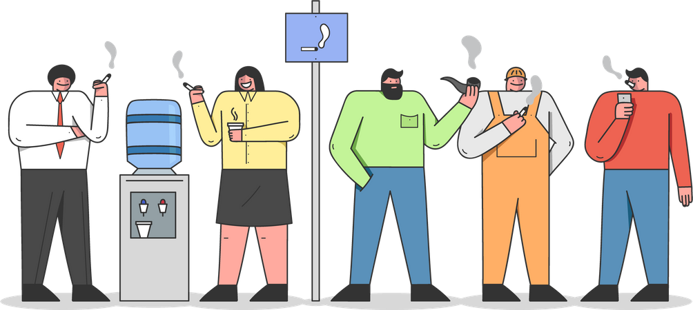 Mitarbeiter rauchen in Raucherbereichen im Büro.  Illustration