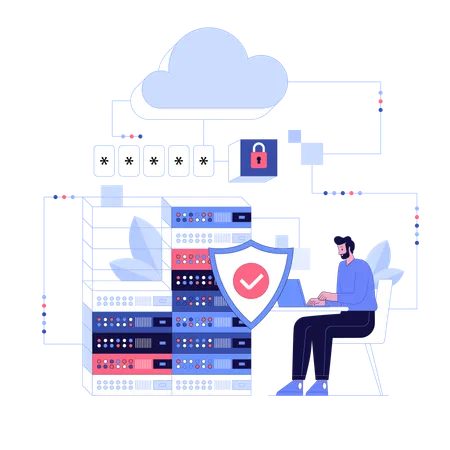 Mitarbeiter sorgt für Cloud-Sicherheit  Illustration