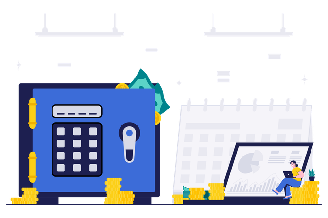 Mitarbeiter spart Geld in Sparbox voller Geld  Illustration