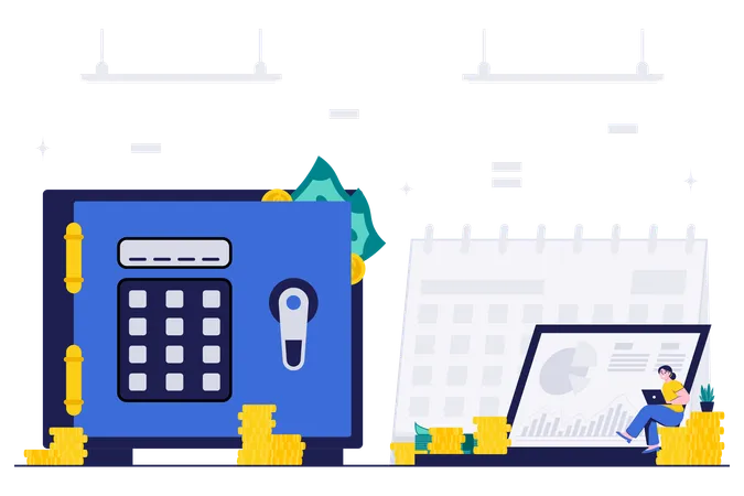 Mitarbeiter spart Geld in Sparbox voller Geld  Illustration