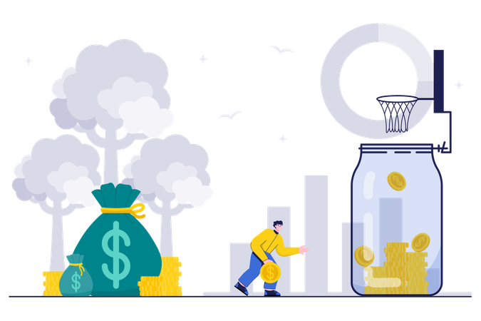 Mitarbeiter sparen Geld und werfen die Münze in ein Glas und einen Geldbeutel  Illustration