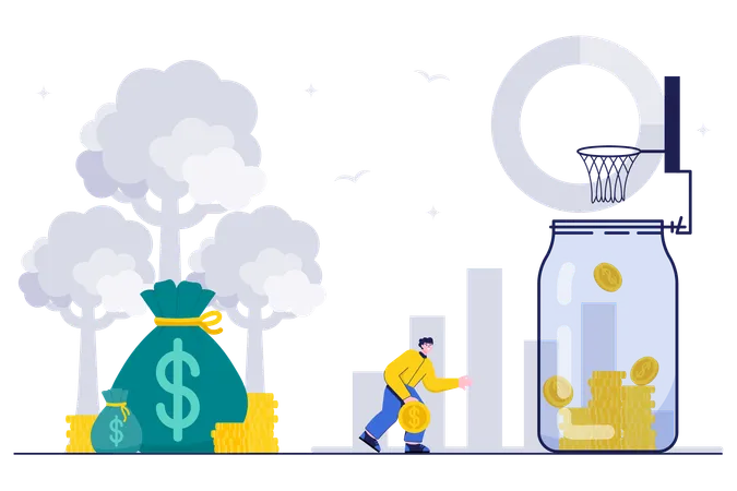 Mitarbeiter sparen Geld und werfen die Münze in ein Glas und einen Geldbeutel  Illustration