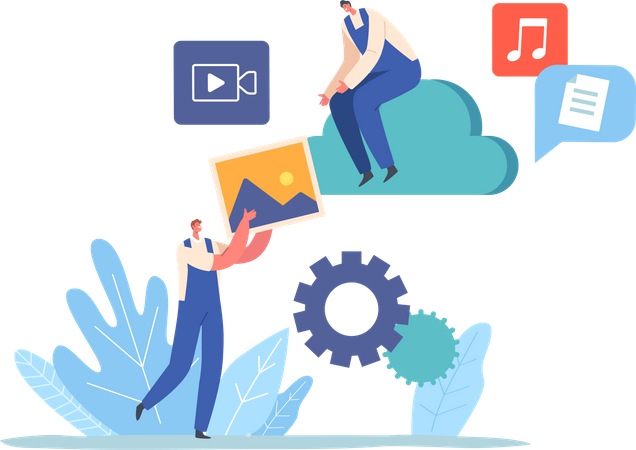 Mitarbeiter stellen Mediendateien im Cloud-Speicher auf einem virtuellen Server wieder her  Illustration