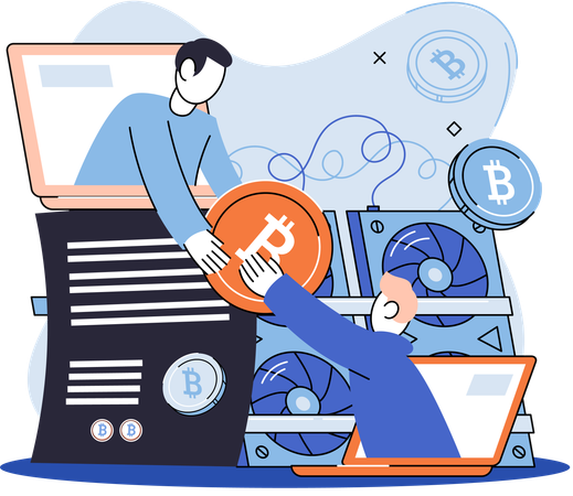 Metapher für das Bitcoin-Mining in Kryptowährungen, Blockchain-Technologie. Verfahren zum Austausch von Cyber-Banking  Illustration