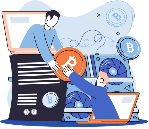 Metapher für das Bitcoin-Mining in Kryptowährungen, Blockchain-Technologie. Verfahren zum Austausch von Cyber-Banking  Illustration