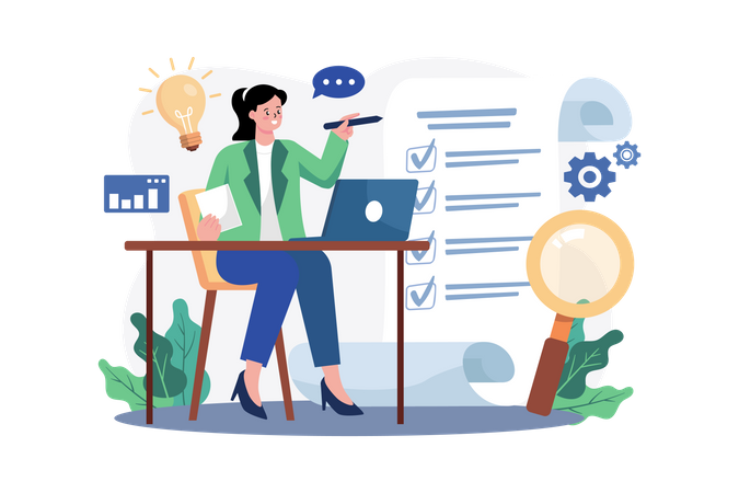 Mitarbeiterin arbeitet an Aufgabenliste  Illustration