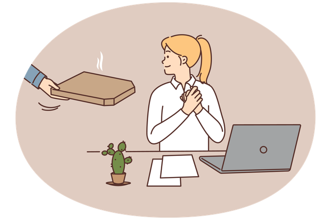 Mitarbeiterin bekommt Pizzalieferung im Büro  Illustration