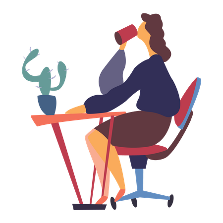 Weibliche Mitarbeiterin trinkt Kaffee und sitzt auf einem Stuhl  Illustration