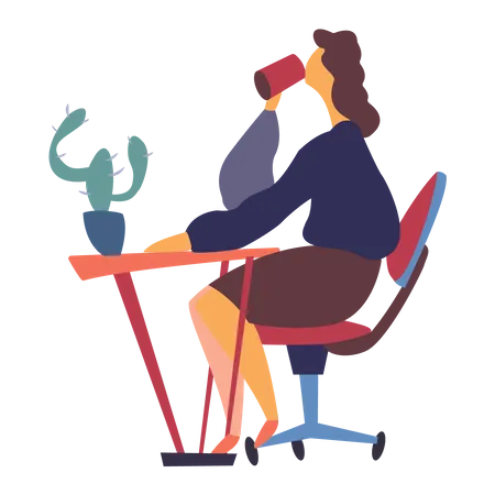 Weibliche Mitarbeiterin trinkt Kaffee und sitzt auf einem Stuhl  Illustration