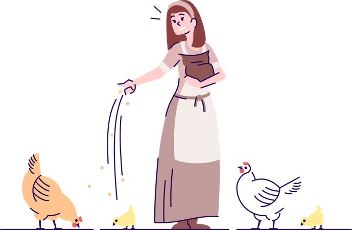 Mittelalterliches Bauernmädchen beim Füttern von Geflügel  Illustration