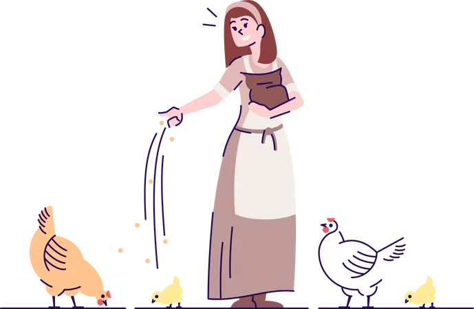Mittelalterliches Bauernmädchen beim Füttern von Geflügel  Illustration