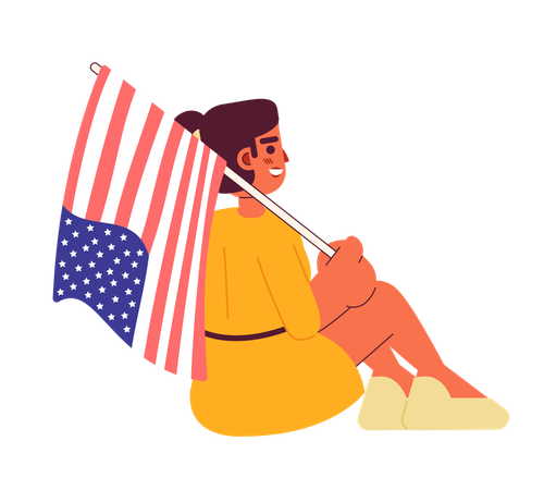 Mixed race girl with american flag sitting  Illustration