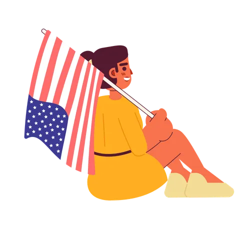 Mixed Race Girl With American Flag Sitting Semi Flat Colorful Vector Character Patriotism National Flag Editable Full Body Person On White Simple Cartoon Spot Illustration For Web Graphic Design Illustration