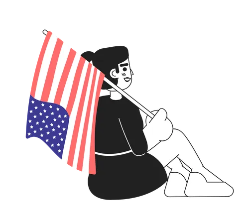 Mixed Race Girl With American Flag Sitting Monochromatic Flat Vector Character Patriotism National Flag Editable Line Full Body Person On White Simple Bw Cartoon Spot Image For Web Graphic Design Illustration