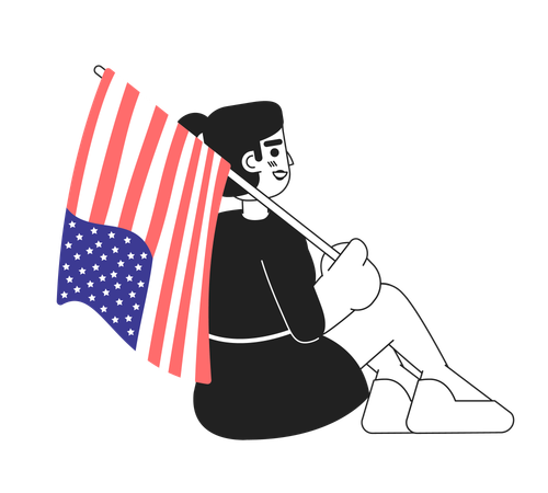 Mixed race girl with american flag sitting  Illustration