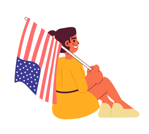 Mixed race girl with american flag sitting  イラスト