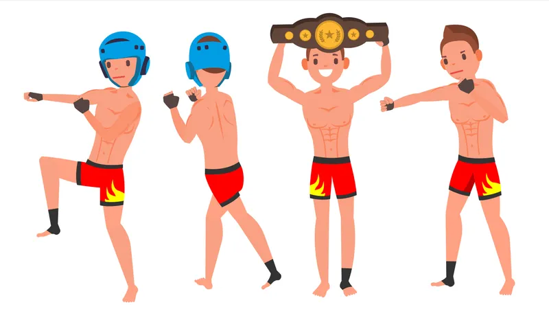 MMA Man Player Male Vector Preparing For Training Traditional Fighting Poses Cartoon Athlete Character Illustration Illustration