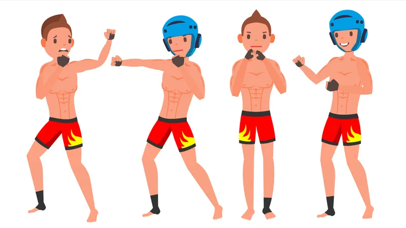 MMA Male Player Vector Poses Set Muscular Sports Guy Workout In Action Cartoon Character Illustration Illustration