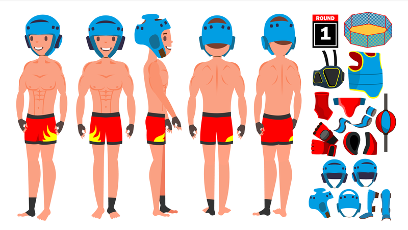 MMA Man Player With Different Equipment Illustration