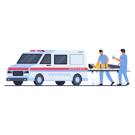 Serviço médico de ambulância transportando pacientes  Ilustração