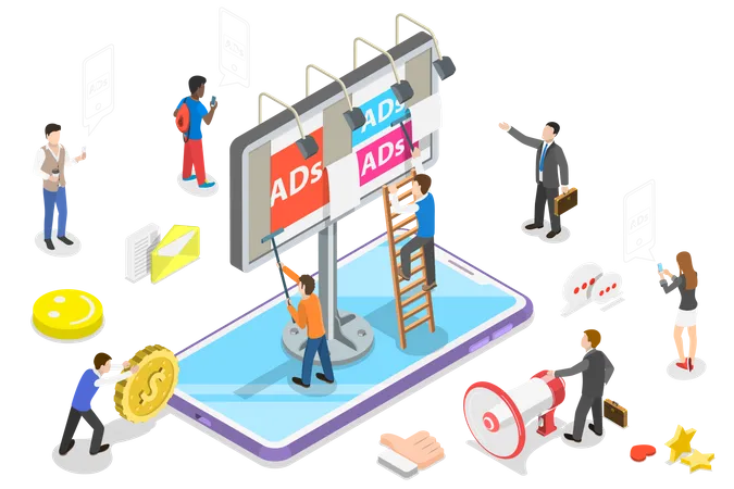 Flat Isometric Vector Concept Of Mobile Advertising Social Media Campaign Digital Marketing Illustration
